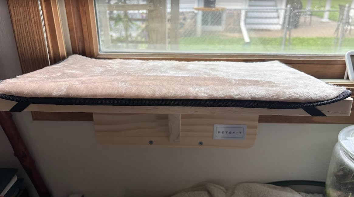 PETSFIT Cat Window Perch, Solid Wood, Fleece Mat, Windowsill Bedside Drawer customer photo 1