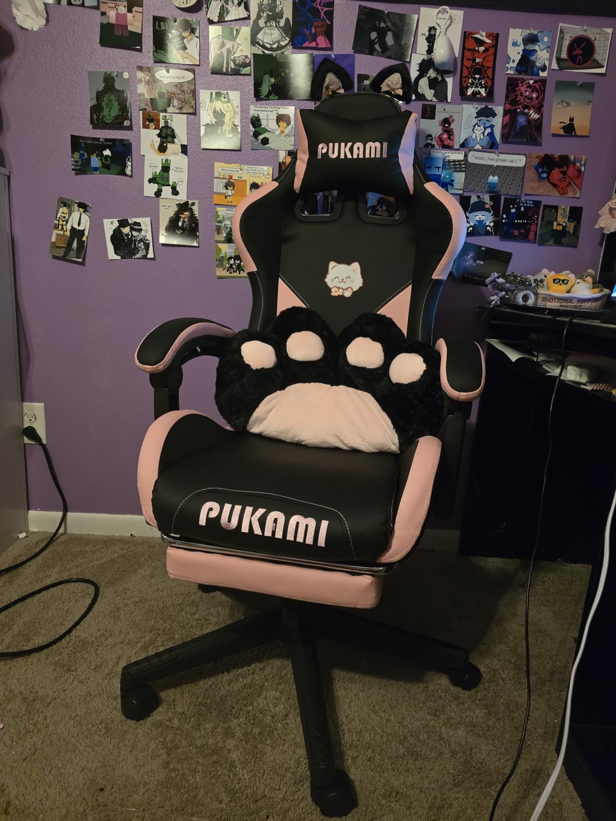 PUKAMI Pink Gaming Chair Cute with Cat Ears and Cat Paw Lumbar Cushion, Ergonomic Computer Chair for Girl with Footrest and Headrest, Comfortable Reclining PC Game Chair for Adult, Teen (Pink) customer photo 2