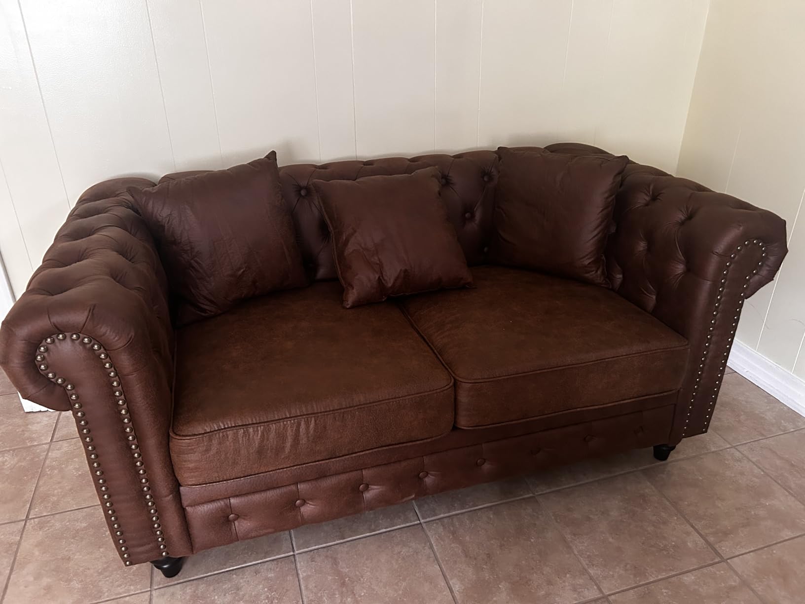85.5 inch Modern Upholstered Chesterfield Tech Fabric 3-Seater Sofa, Brown customer photo 1