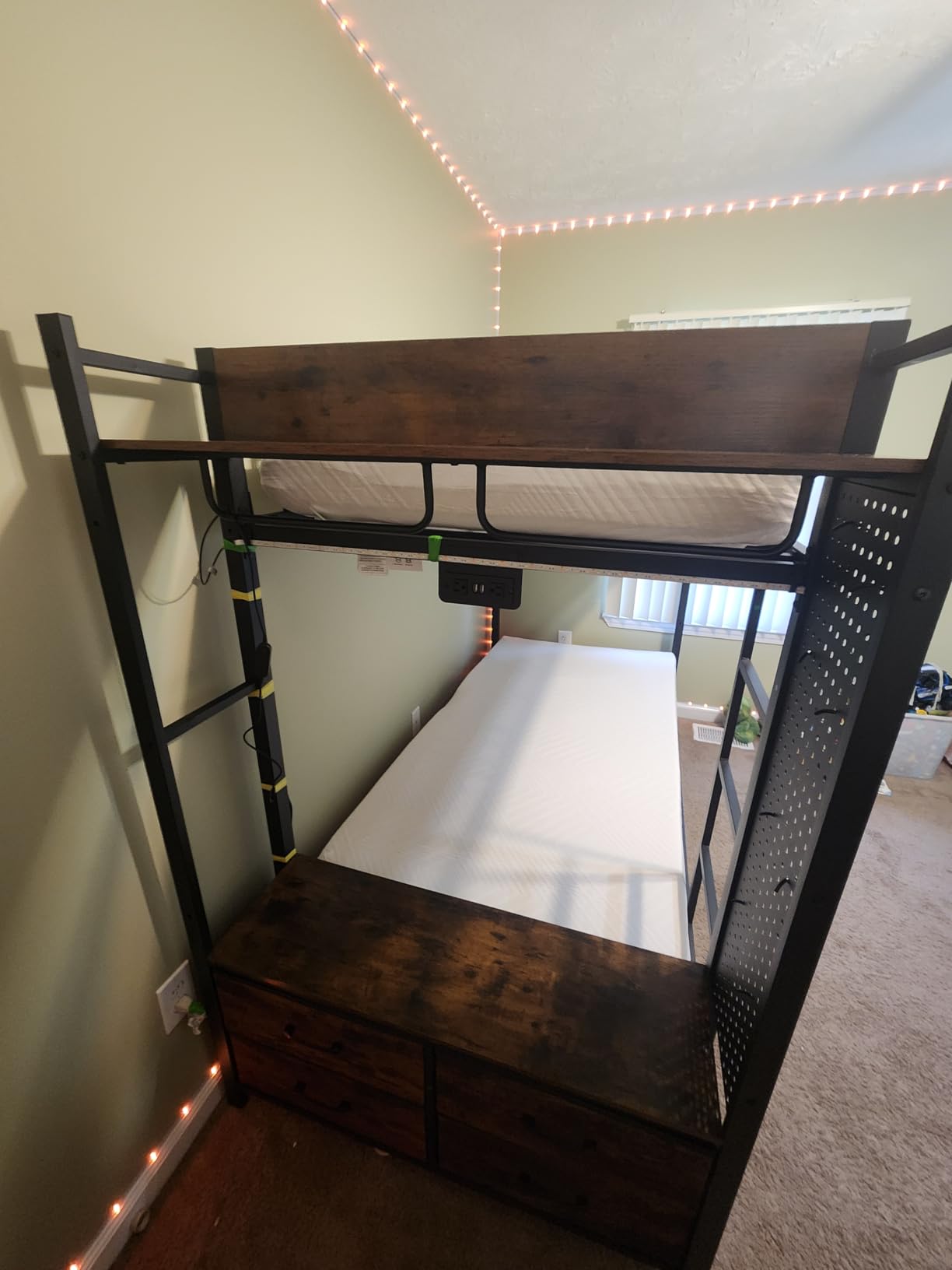 Itaar Metal Bunk Bed Twin Over Twin with Hall Tree, Power Outlet, LED Bunk Bed with 4 Storage Drawers, Bed with Safety Guardrail & Ladders, No Box Spring Needed, Easy Assembly, Rustic Brown customer photo 2