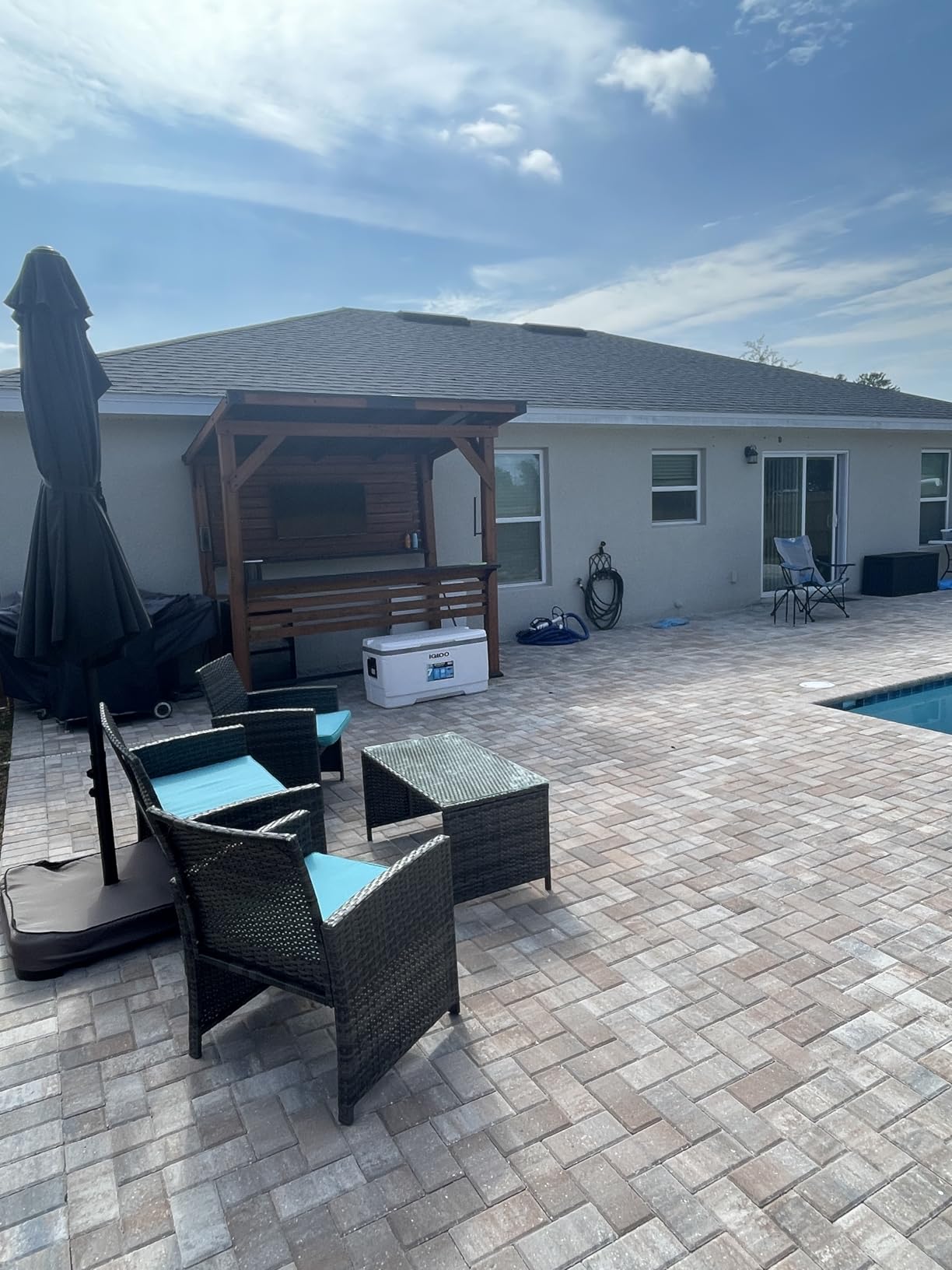 Modern Shade Cedar Outdoor Bar Gazebo with TV Mount, USB Power, 6.5 x 8 ft customer photo 1
