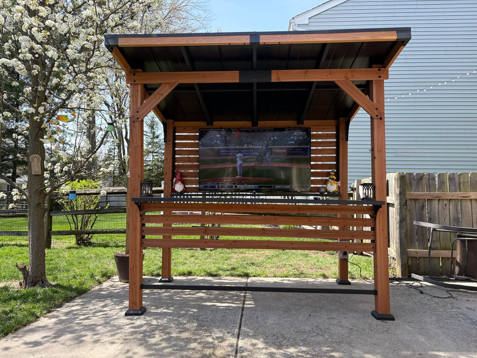 Modern Shade Cedar Outdoor Bar Gazebo with TV Mount, USB Power, 6.5 x 8 ft customer photo 2