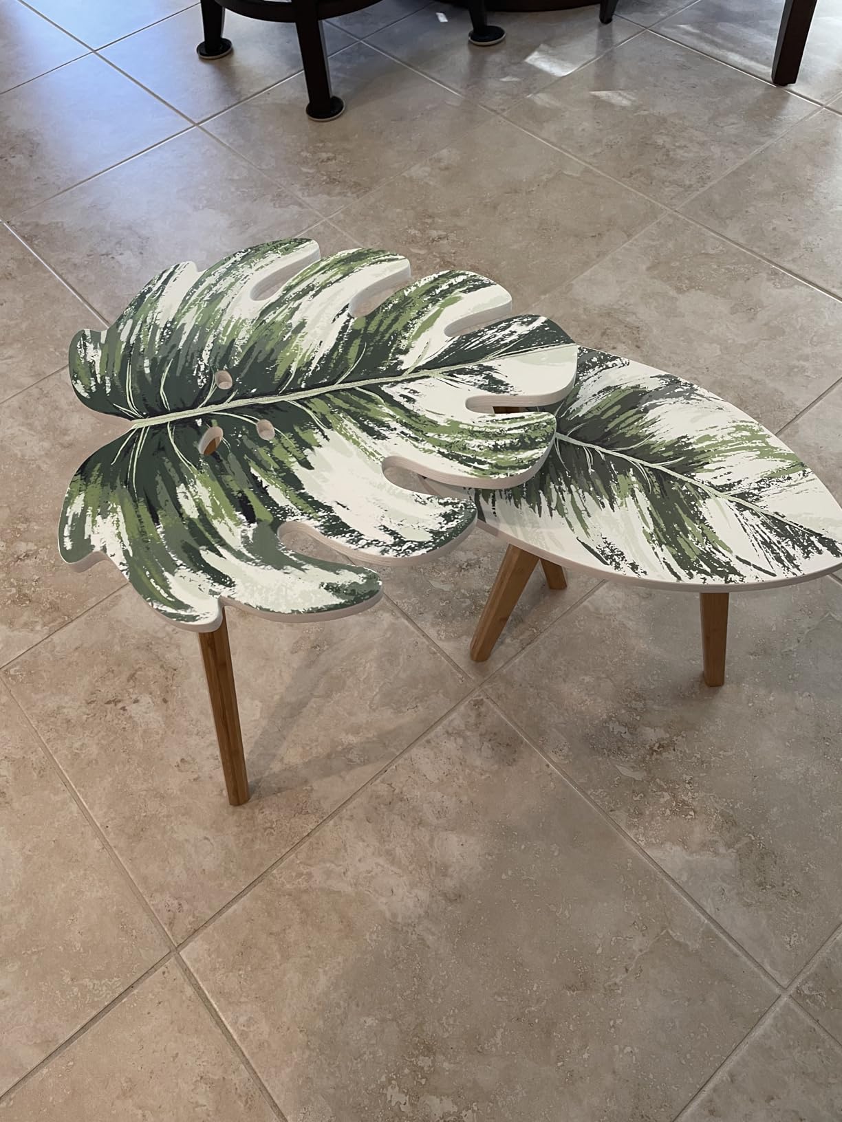 BAMEOS Monstera Leaf Nesting Tables Set of 2, Small Side Tables f Set with Leaf Vein Pattern, Modern Wooden CoffeeTables for Living Room Bedroom Apartment Balcony Yard customer photo 1