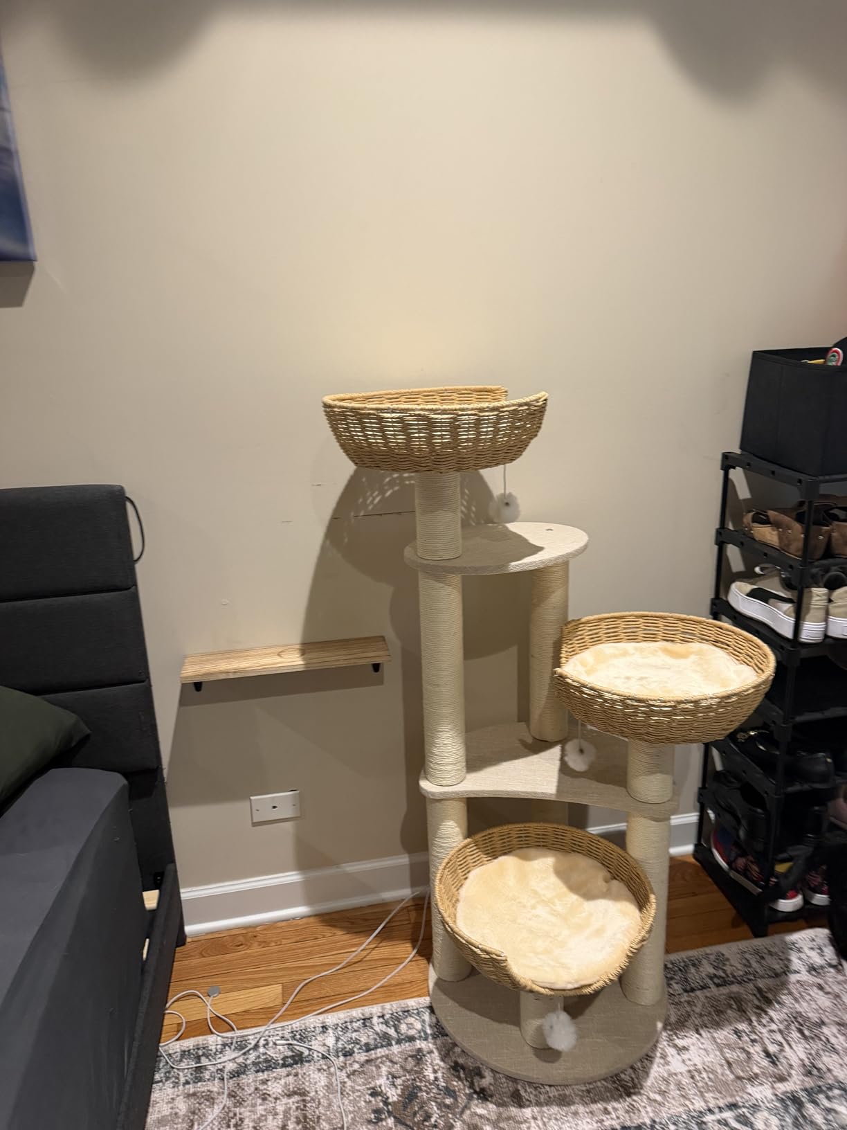 SHENGOCASE Modern Natural Wood Wooden Cat Tree Tower, 3 Large Rattan Wicker Basket Perch Beds with Cozy Cushion Sisal Scratching Post, Window View Design, for Cats up to 20 lbs customer photo 2