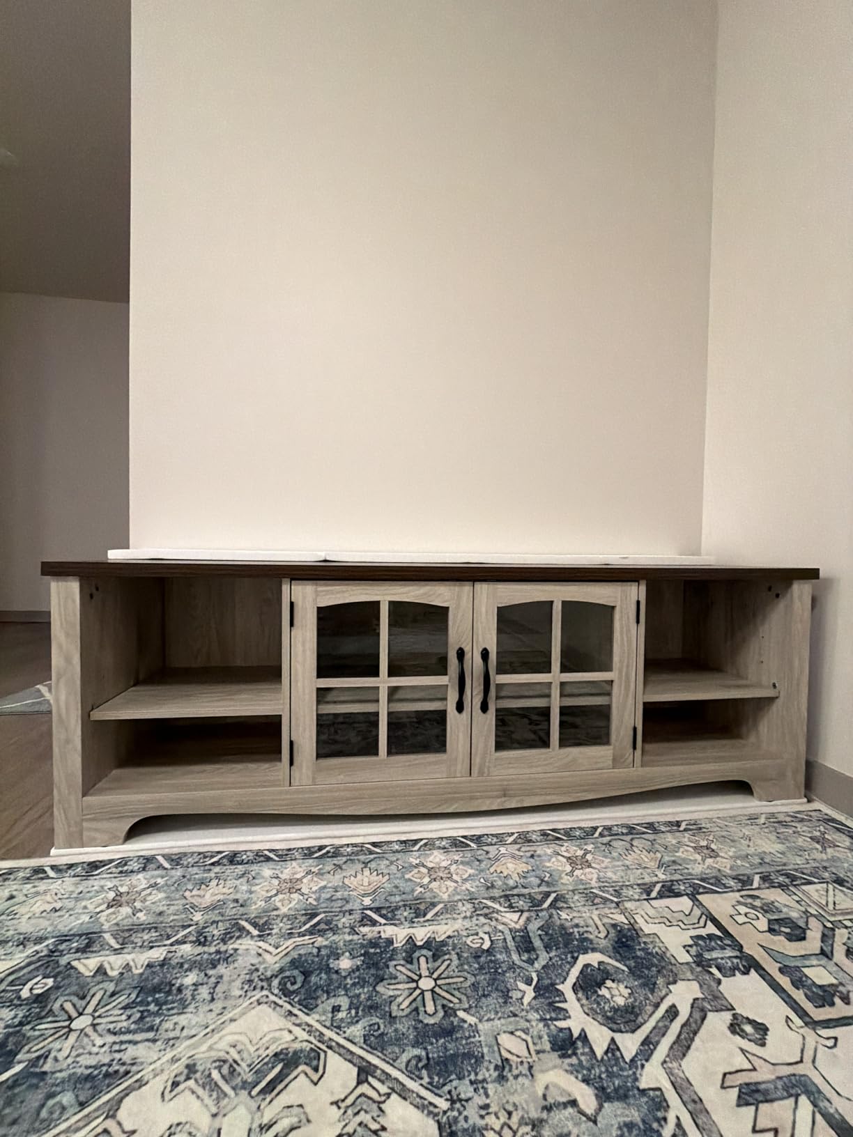 LINSY HOME TV Stand for 75 Inch TV, Modern Farmhouse Entertainment Center with Storage Cabinets and Glass Doors, Tall Media Console Table for Living Room, Bedroom, Large Long Television Stand, Beige customer photo 1
