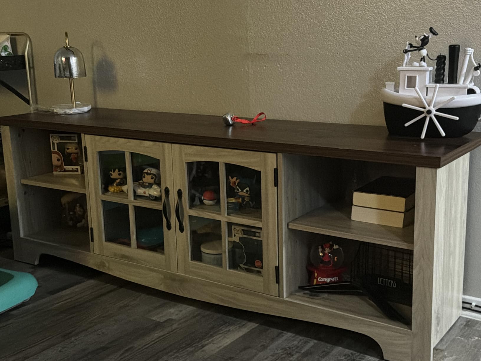 LINSY HOME TV Stand for 75 Inch TV, Modern Farmhouse Entertainment Center with Storage Cabinets and Glass Doors, Tall Media Console Table for Living Room, Bedroom, Large Long Television Stand, Beige customer photo 2
