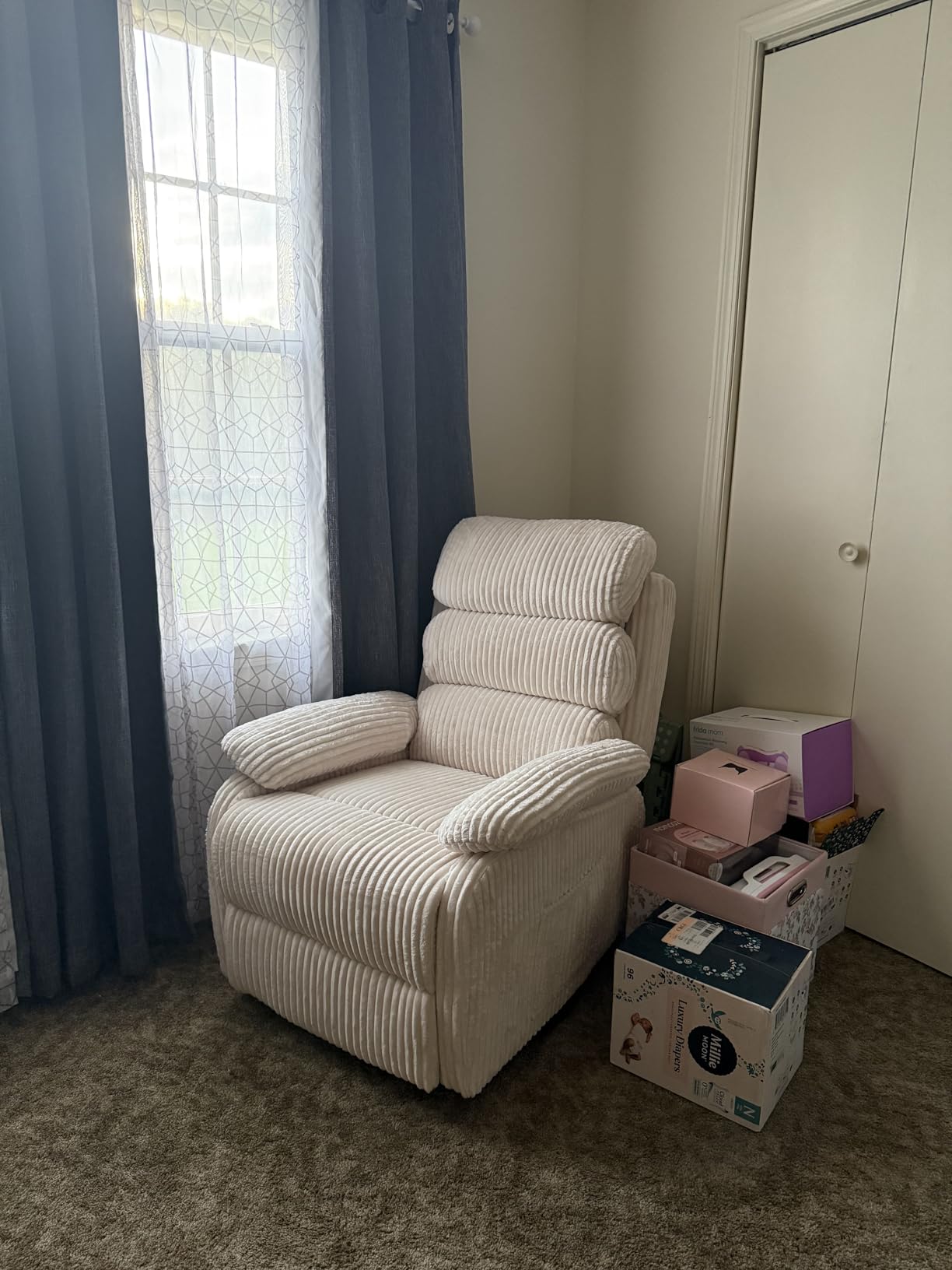 Velvet Upholstered Glider Recliner Chair – 360° Swivel Rocker Chair for Adults, Small Rocking Chair for Small Spaces, Soft Fabric Recliner Chair with Side Pockets, Comfortable Nursery Chair,Brwon customer photo 1