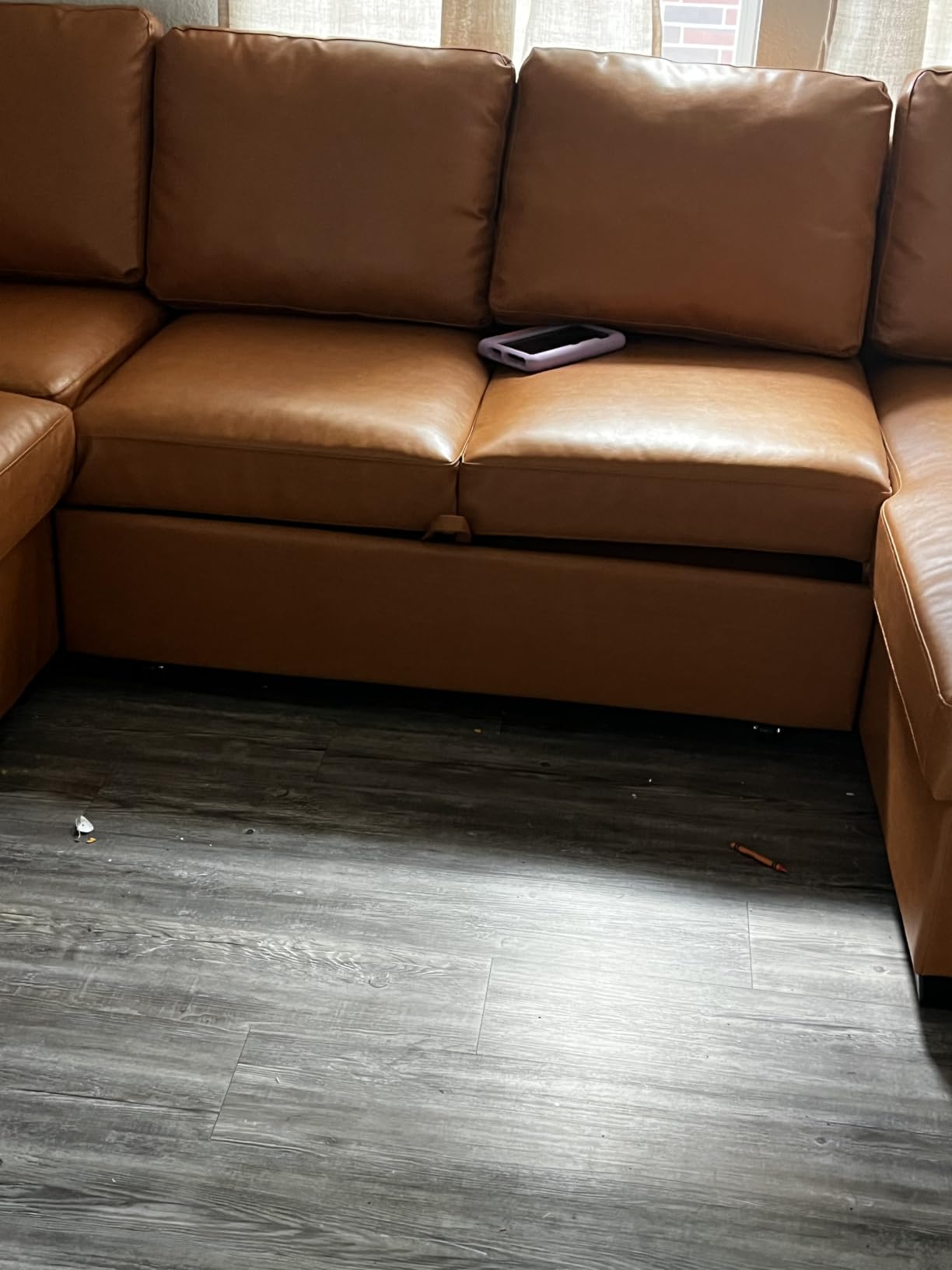 HONBAY Sleeper Sectional Couch with Pull-Out Bed Sectional Sleeper Sofa Pull Out Bed with Storage Chaise, 6 Seaters Couch for Living Room, Faux Leather Brown customer photo 2