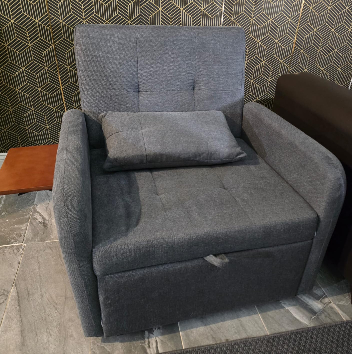 Convertible Sleeper Chair-Fabric Futon Sofa Bed, Single Sleeper Sofa, Small Couch Bed with USB Port, Foldable Table, Pillow, Adjustable Backrest for Dorm/Bedroom/College Darkgrey customer photo 2
