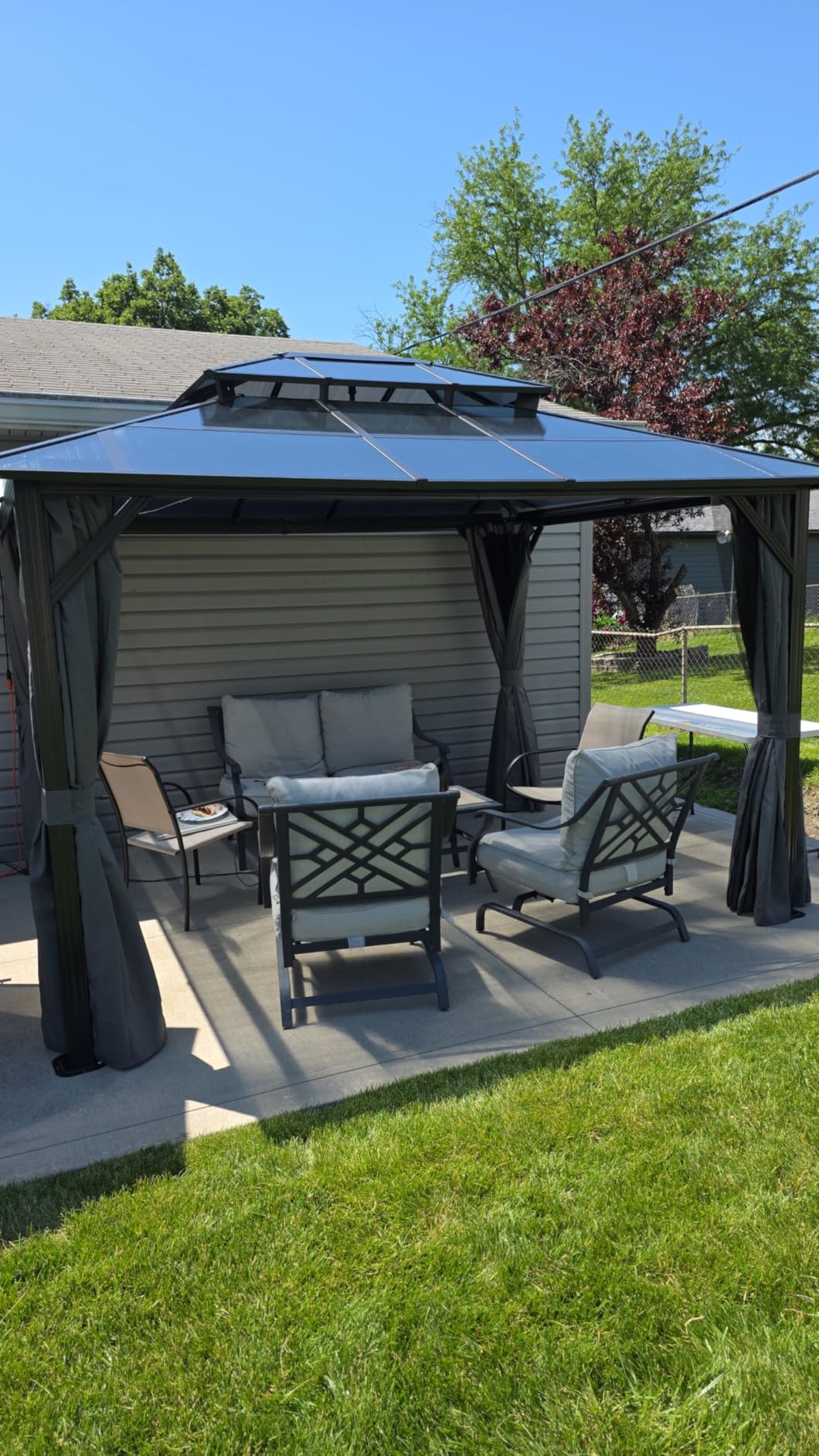 DWVO 10x12ft Gazebo Hardtop Double Roof Polycarbonate Canopy Outdoor with Netting and Shaded Curtains, Metal Frame Garden Tent for Patio, Backyard, Deck and Lawns, Gray customer photo 1