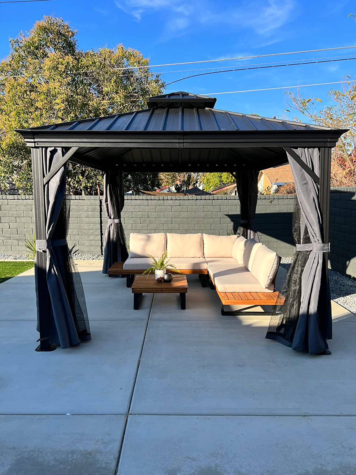HAPPATIO 12'x12' Outdoor Hardtop Gazebo, Aluminum Gazebo with Double Galvanized Steel Roof, Curtains and Netting for Patio, Backyard, Deck, Lawn, Easy Assembly (Grey) customer photo 2