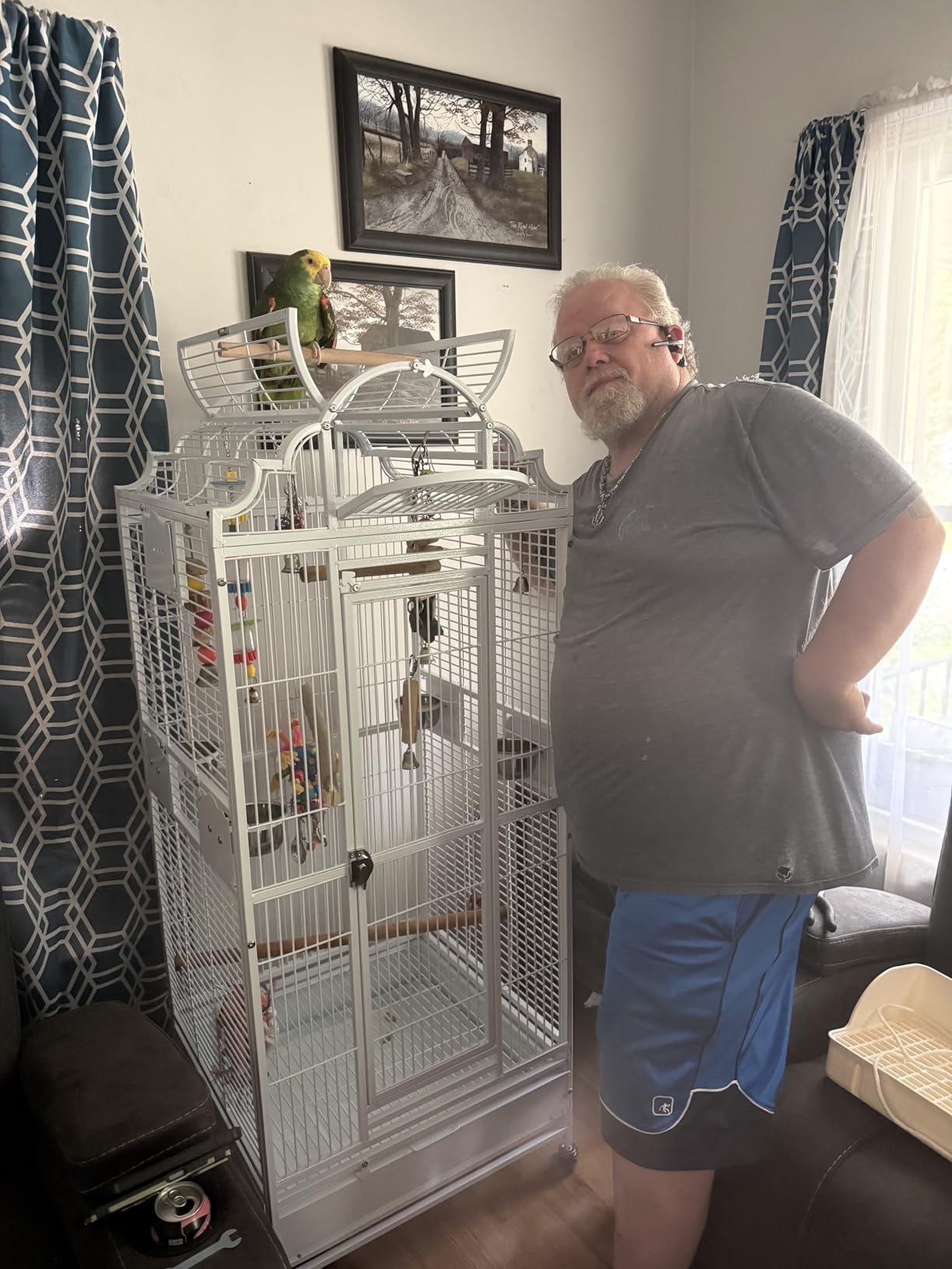 X-Large Elegance and Durable Wrought Iron Open Play Top Stand Bird Parrot Rolling Cage, Include Metal Seed Guard Solid Metal Feeder Nest Door Lockable Heavy Duty Rolling Wheels customer photo 1