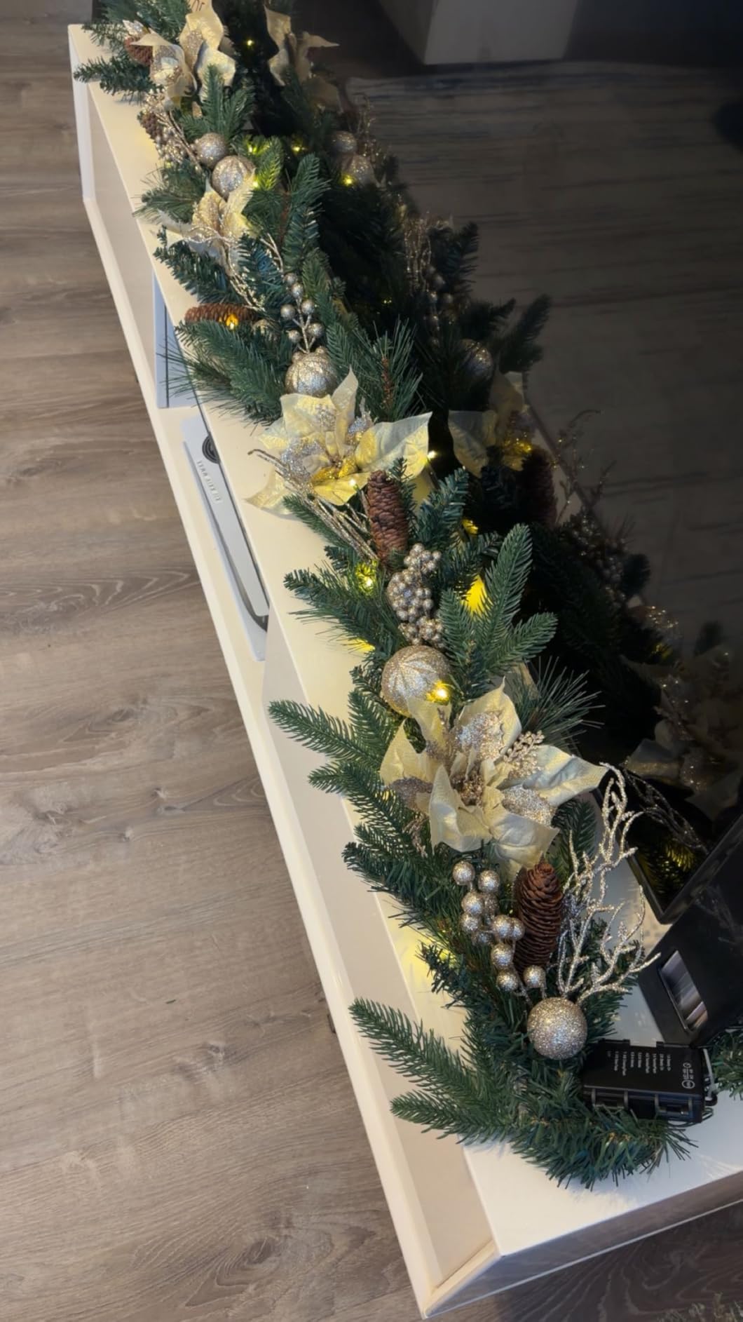 SHareconn 9FT Prelit Christmas Garland with Multi-Color LED Lights, Battery-Operated Timer, Includes Flower Ball & Poinsettia for Table Mantle Fireplace Indoor Outdoor Xmas Decor, Red and Gold, 9 FT customer photo 1