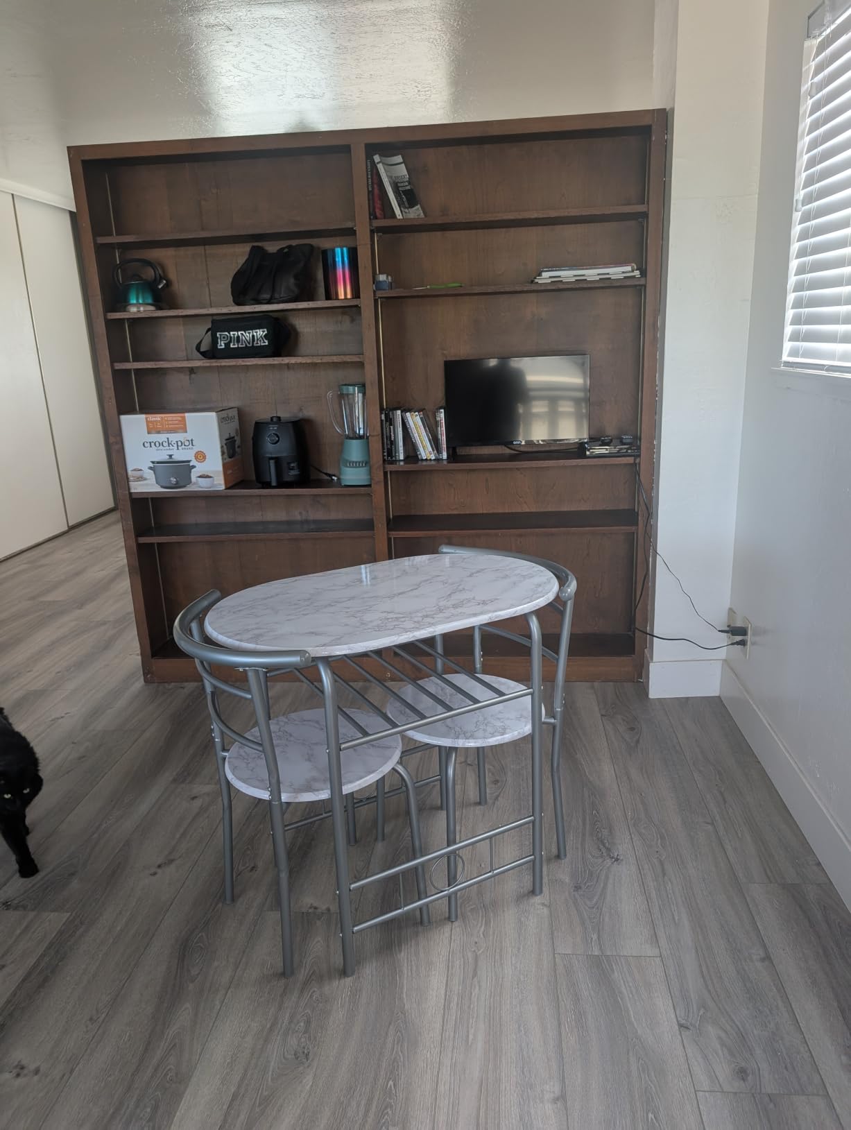 VECELO 3-Piece Dining Table Set for Kitchen Breakfast Nook, Wood Grain Square Tabletop and Metal Frame, for Small Spaces, Grey customer photo 1