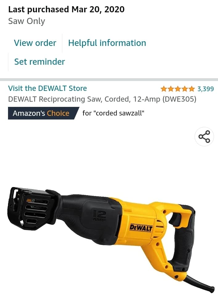 DEWALT Reciprocating Saw, 12 Amp, 2,900 RPM, 4-Position Blade Clamp, Variable Speed Trigger, Corded (DWE305) customer photo 1