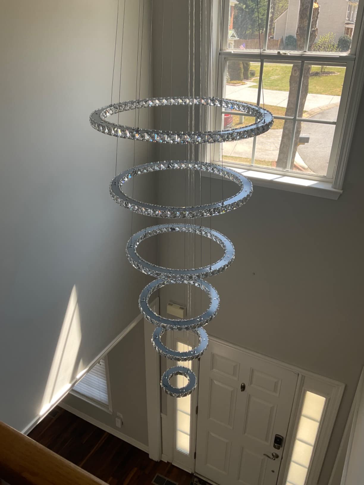 Siljoy Modern Crystal Chandelier Lighting, 6 Ring Chandelier LED Ceiling Lights Fixtures with 3-Color, High Ceiling Foyer Chandeliers for Living Room Dining Room Staircase, D8-12-16-20-24