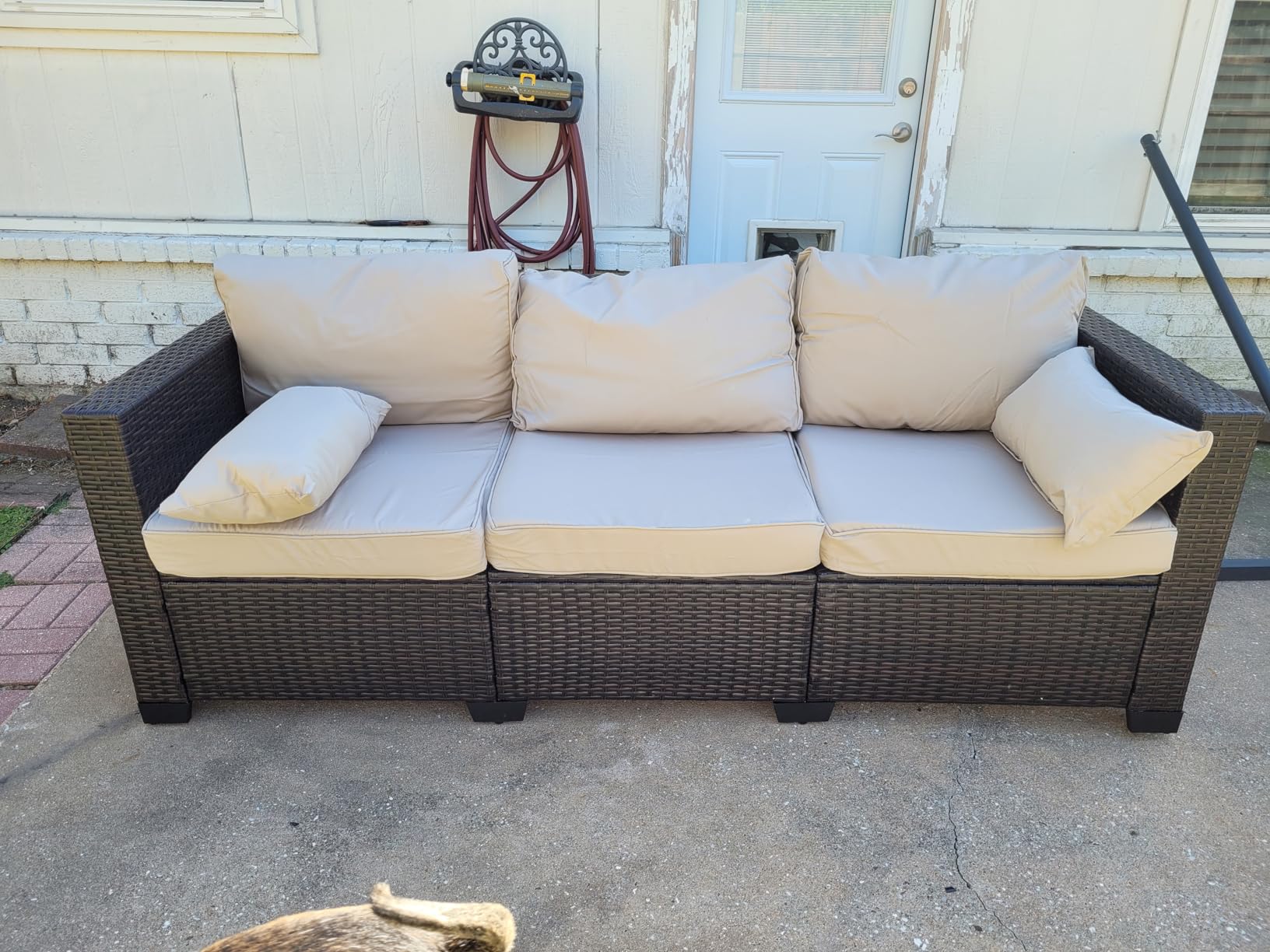 WAROOM Patio Couch PE Rattan 3-Seat Outdoor Sofa Brown Wicker Furniture Set Deep Seating with Anti-Slip Beige Cushion customer photo 1
