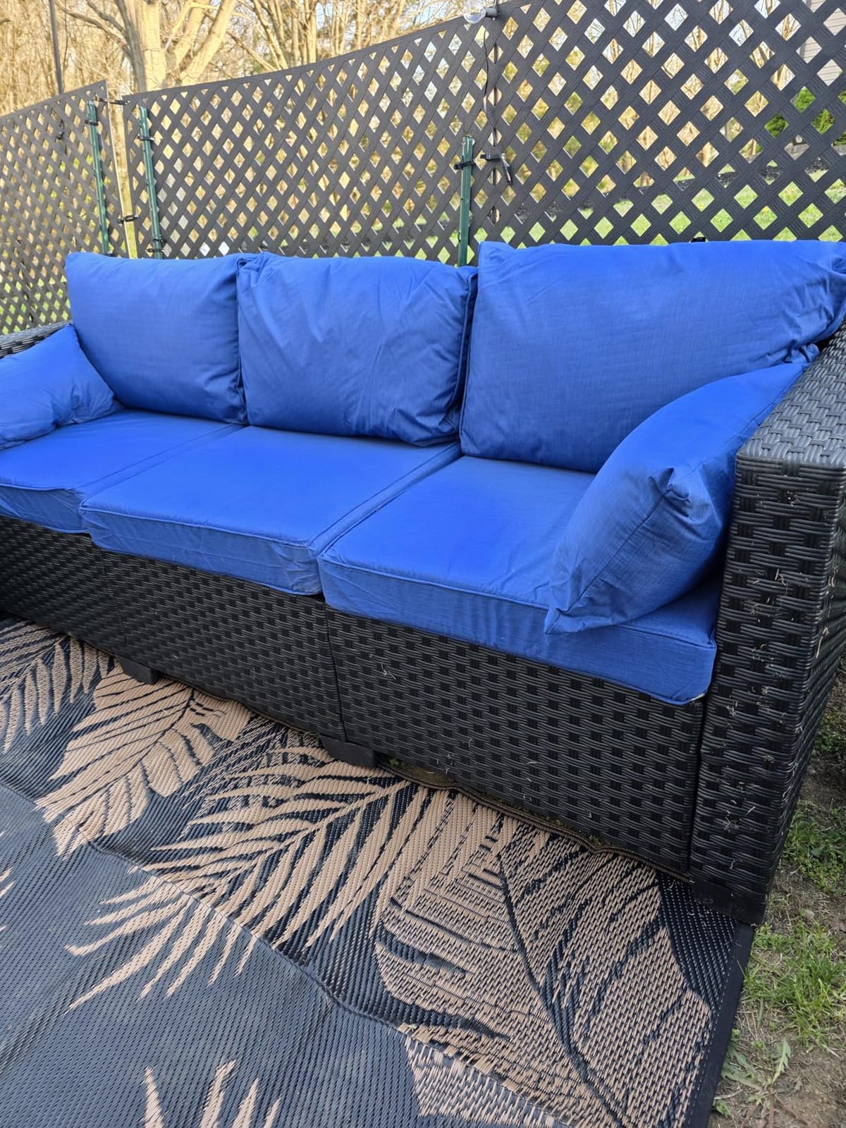 Rattaner 3-Seat Patio Wicker Sofa, Outdoor Rattan Couch Furniture Steel Frame with Furniture Cover and Deep Seat High Back, Blue Anti-Slip Cushion. customer photo 1