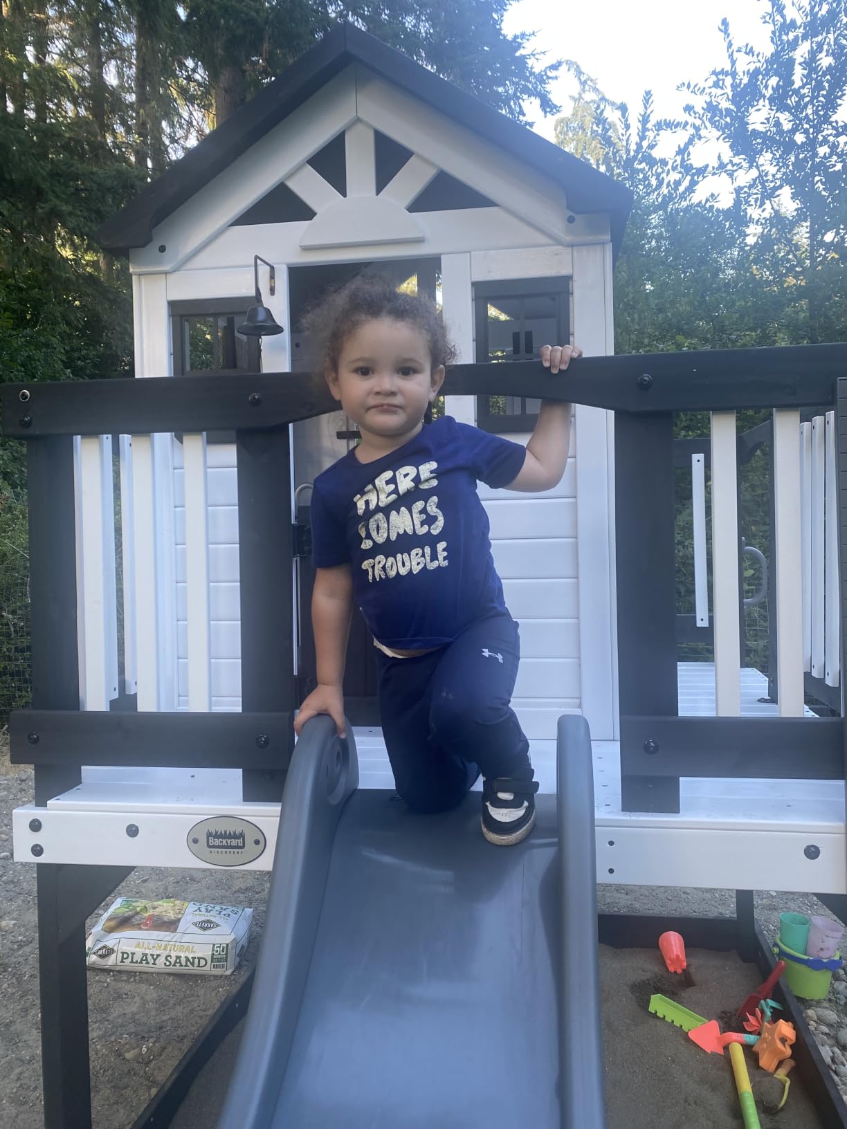 Backyard Discovery Echo Heights Elevated Cedar Wooden Kids Playhouse with Wave Slide, Play Kitchen, Wrap-Around Deck, Flat-Step Ladder, Half Door, Windows, Bell, and Growth Chart for Outdoor Play customer photo 2