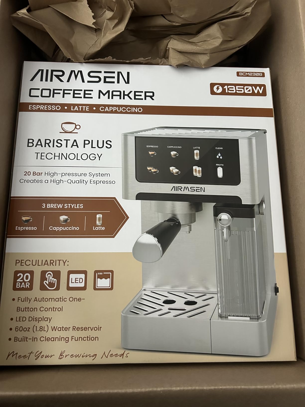 AIRMSEN 20 Bar Espresso Machine with Automatic Milk Frother, Cappuccino & Latte Coffee Maker with Quick Brew Dual Boiler (1350W + 1000W), Stainless Steel, 60oz Water Tank, Touchscreen customer photo 2