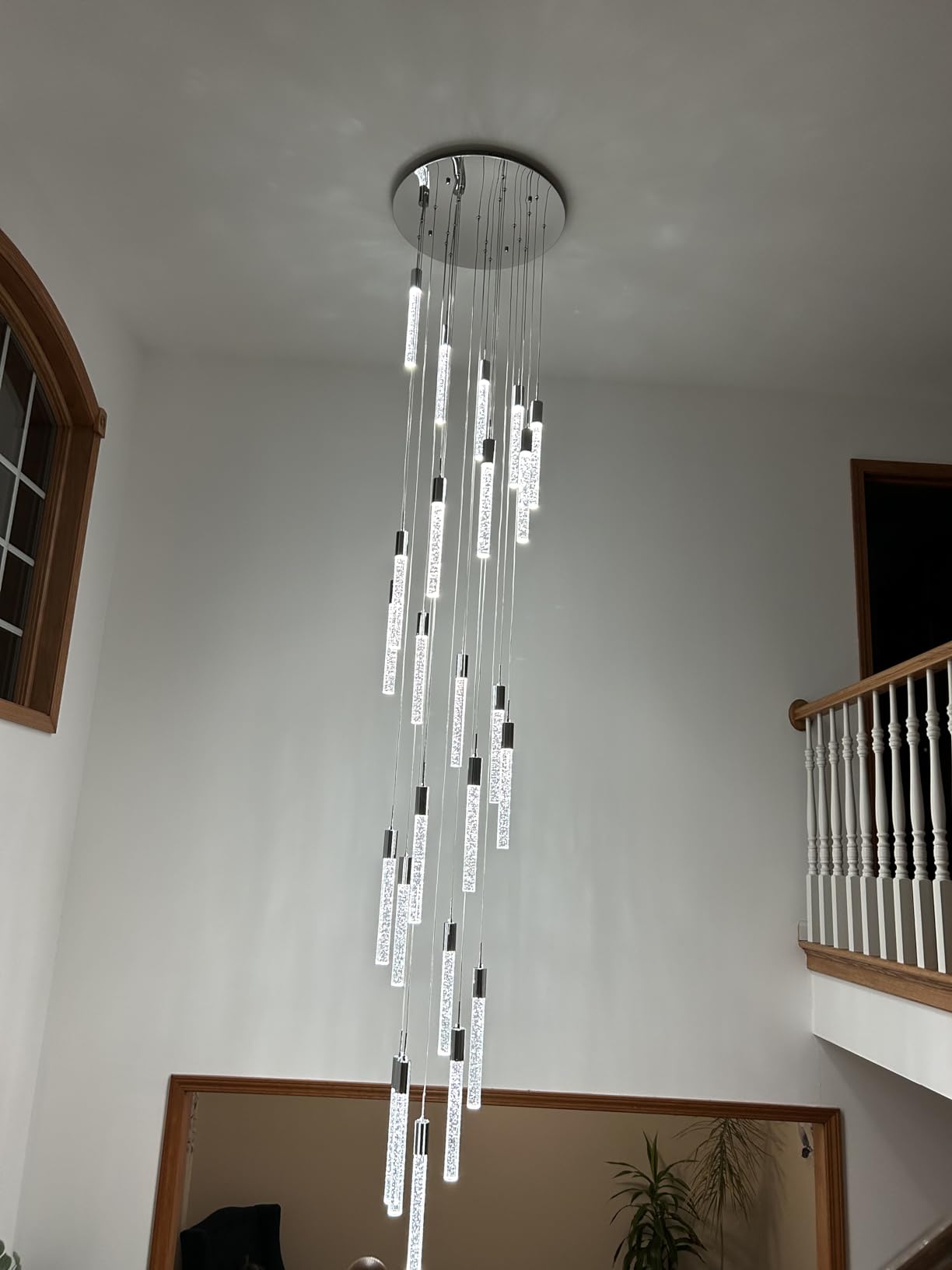Modern High Ceiling Crystal Chandelier 7-Lights, Black Spiral Dimmable LED Raindrop Foyer Pendant Lighting, Bubble Staircase Living Room Hanging Light Fixture Remote Control customer photo 2